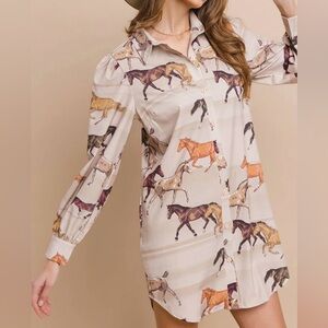 Equestrian Print Beige Shirt Dress small NWT